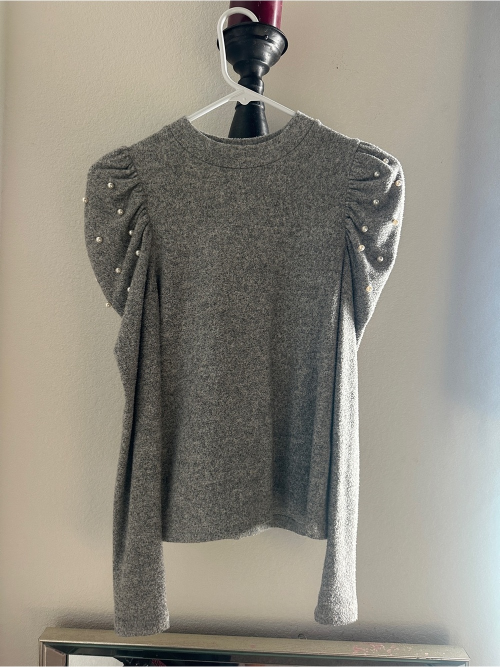 Zara Gray Pearl-Accent Puff Sleeve Sweater